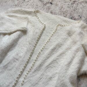 Fuzzy White Sweater with Pearl Accents